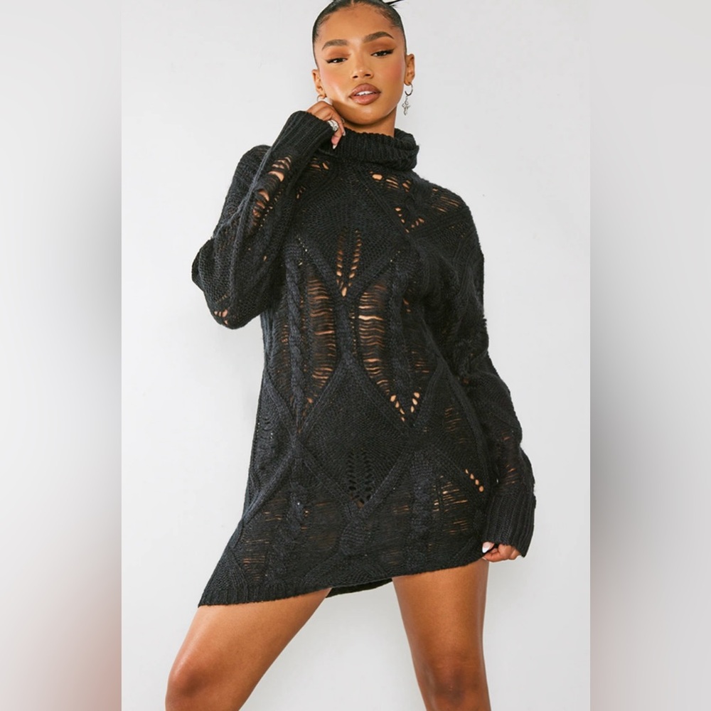 NWT PrettyLittleThings BLACK EXTREME DISTRESSED KNITTED SWEATER DRESS w  🐢 neck